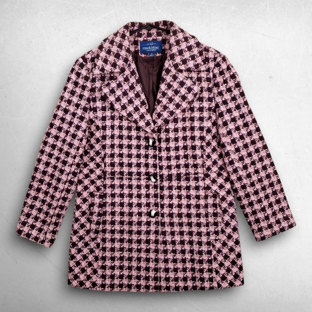 VTG 90s Mackintosh New England Houndstooth Coat Women 14 Pink Wool Academia